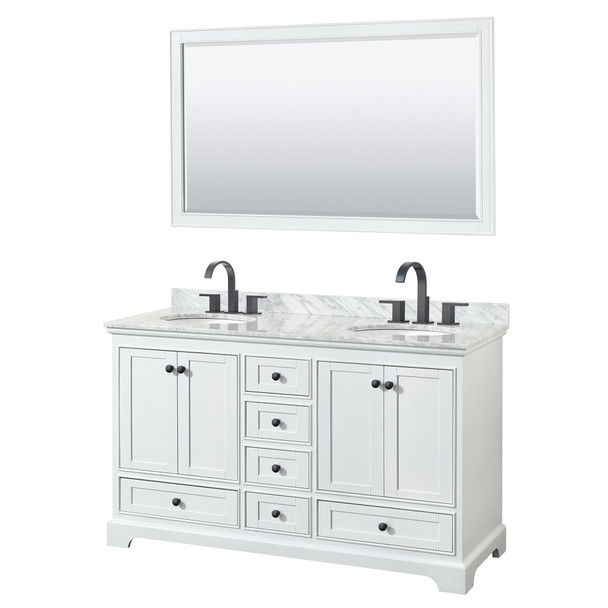 Deborah 60 Inch Double Bathroom Vanity In White, White Carrara Marble Countertop, Undermount Oval Sinks, Matte Black Trim, 58 Inch Mirror