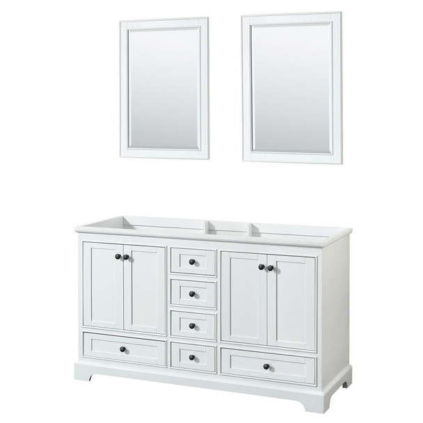 Deborah 60 Inch Double Bathroom Vanity In White, No Countertop, No Sinks, Matte Black Trim, 24 Inch Mirrors
