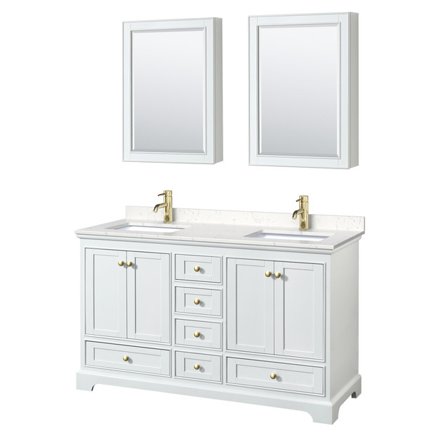 Deborah 60 Inch Double Bathroom Vanity In White, Carrara Cultured Marble Countertop, Undermount Square Sinks, Brushed Gold Trim, Medicine Cabinets