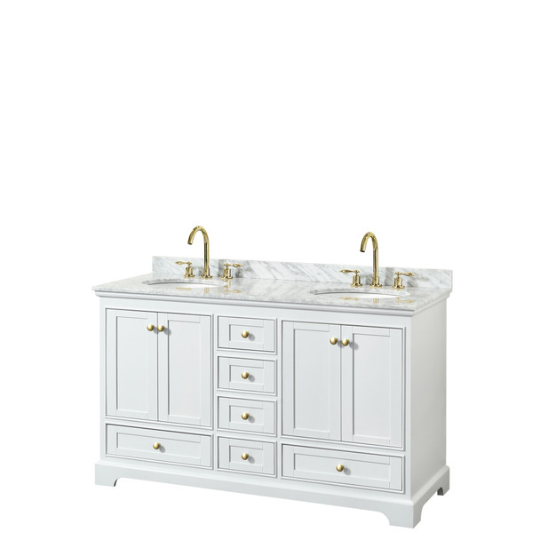 Deborah 60 Inch Double Bathroom Vanity In White, White Carrara Marble Countertop, Undermount Oval Sinks, Brushed Gold Trim, No Mirrors