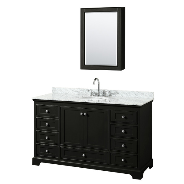 Deborah 60 Inch Single Bathroom Vanity In Dark Espresso, White Carrara Marble Countertop, Undermount Oval Sink, And Medicine Cabinet