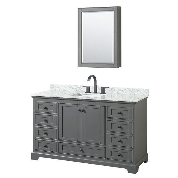 Deborah 60 Inch Single Bathroom Vanity In Dark Gray, White Carrara Marble Countertop, Undermount Square Sink, Matte Black Trim, Medicine Cabinet