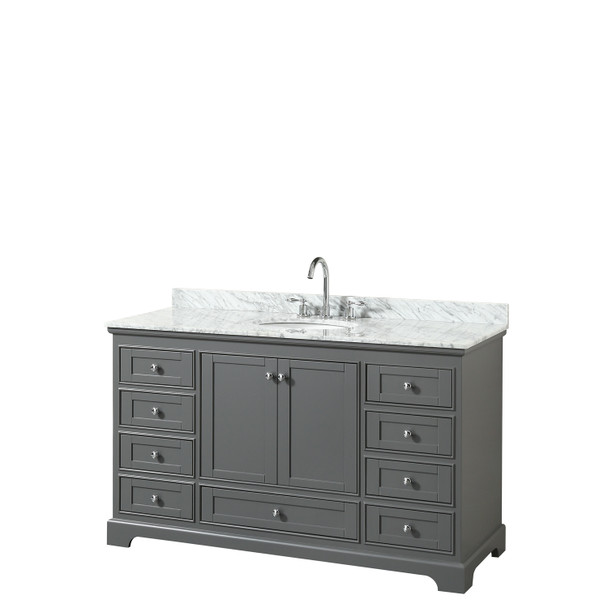 Deborah 60 Inch Single Bathroom Vanity In Dark Gray, White Carrara Marble Countertop, Undermount Oval Sink, And No Mirror