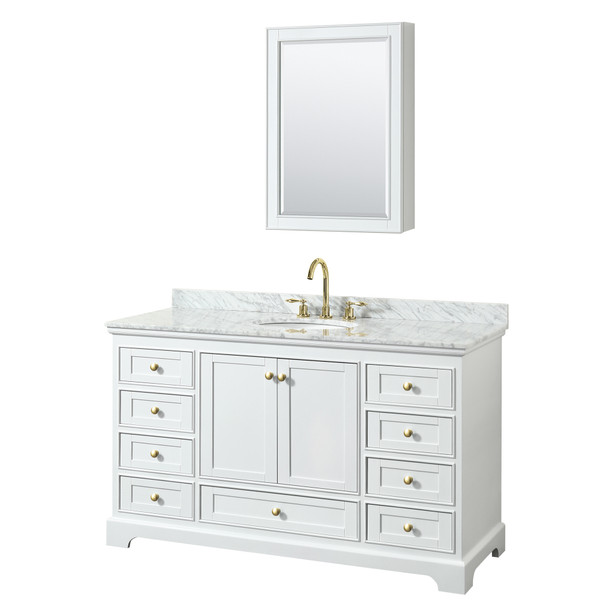 Deborah 60 Inch Single Bathroom Vanity In White, White Carrara Marble Countertop, Undermount Oval Sink, Brushed Gold Trim, Medicine Cabinet