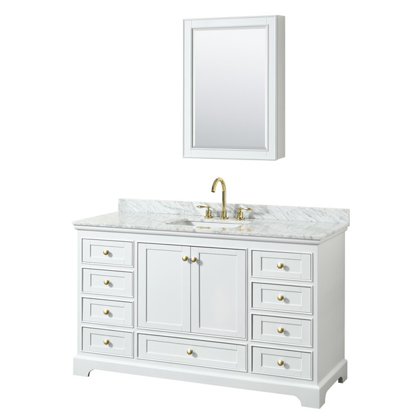 Deborah 60 Inch Single Bathroom Vanity In White, White Carrara Marble Countertop, Undermount Square Sink, Brushed Gold Trim, Medicine Cabinet
