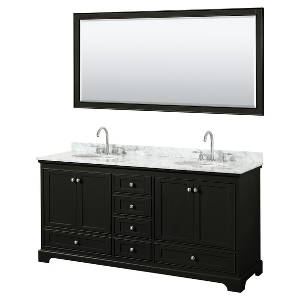 Deborah 72 Inch Double Bathroom Vanity In Dark Espresso, White Carrara Marble Countertop, Undermount Oval Sinks, And 70 Inch Mirror