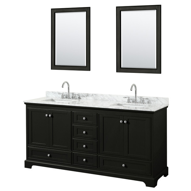 Deborah 72 Inch Double Bathroom Vanity In Dark Espresso, White Carrara Marble Countertop, Undermount Square Sinks, And 24 Inch Mirrors