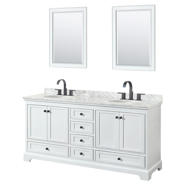 Deborah 72 Inch Double Bathroom Vanity In White, White Carrara Marble Countertop, Undermount Oval Sinks, Matte Black Trim, 24 Inch Mirrors