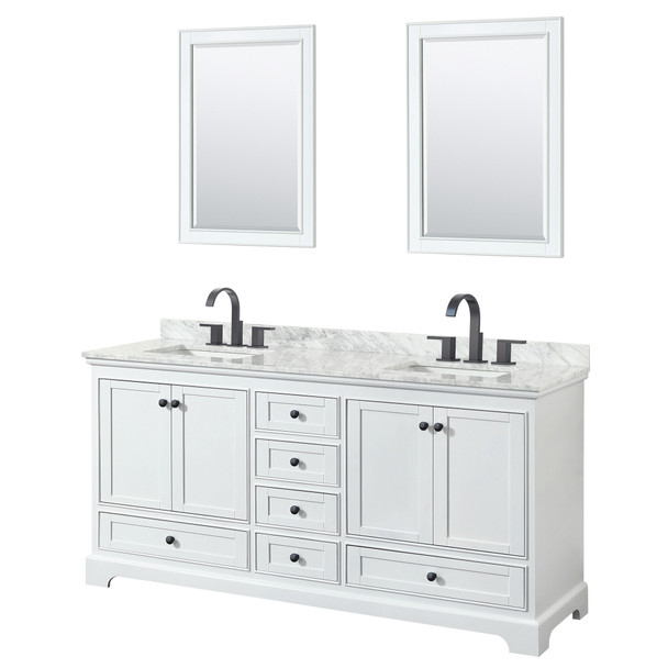Deborah 72 Inch Double Bathroom Vanity In White, White Carrara Marble Countertop, Undermount Square Sinks, Matte Black Trim, 24 Inch Mirrors