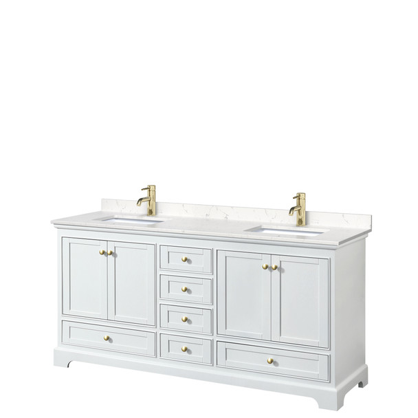 Deborah 72 Inch Double Bathroom Vanity In White, Carrara Cultured Marble Countertop, Undermount Square Sinks, Brushed Gold Trim, No Mirrors