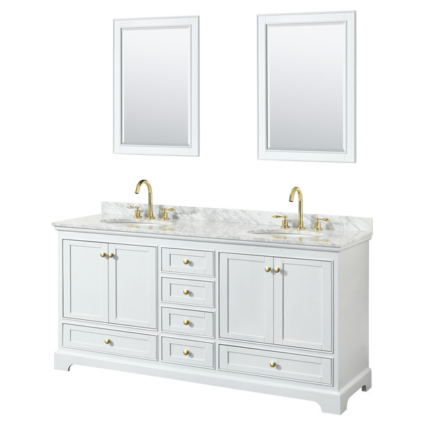 Deborah 72 Inch Double Bathroom Vanity In White, White Carrara Marble Countertop, Undermount Oval Sinks, Brushed Gold Trim, 24 Inch Mirrors