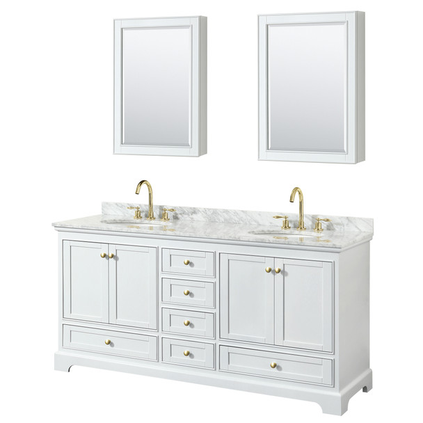 Deborah 72 Inch Double Bathroom Vanity In White, White Carrara Marble Countertop, Undermount Oval Sinks, Brushed Gold Trim, Medicine Cabinets