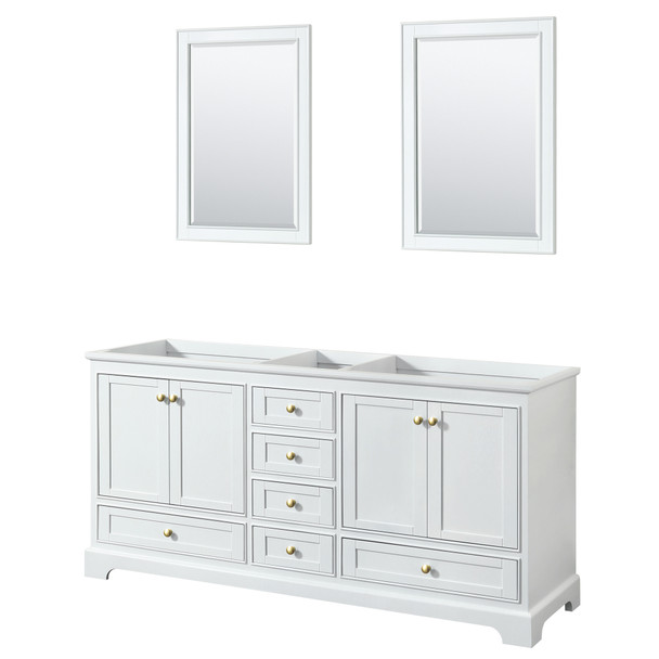 Deborah 72 Inch Double Bathroom Vanity In White, No Countertop, No Sinks, Brushed Gold Trim, 24 Inch Mirrors