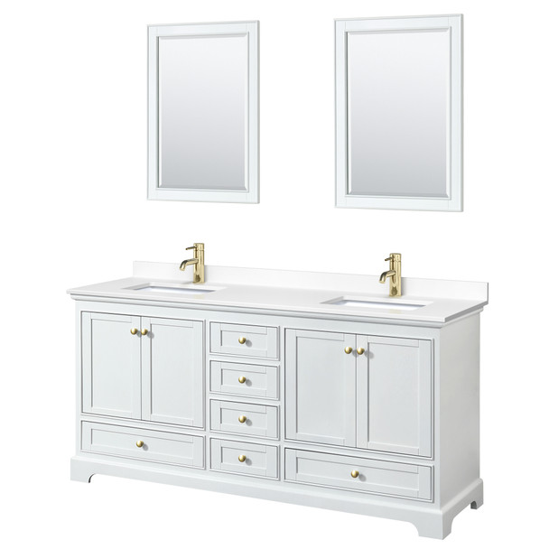 Deborah 72 Inch Double Bathroom Vanity In White, White Cultured Marble Countertop, Undermount Square Sinks, Brushed Gold Trim, 24 Inch Mirrors