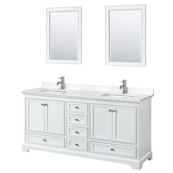 Deborah 72 Inch Double Bathroom Vanity In White, Carrara Cultured Marble Countertop, Undermount Square Sinks, 24 Inch Mirrors