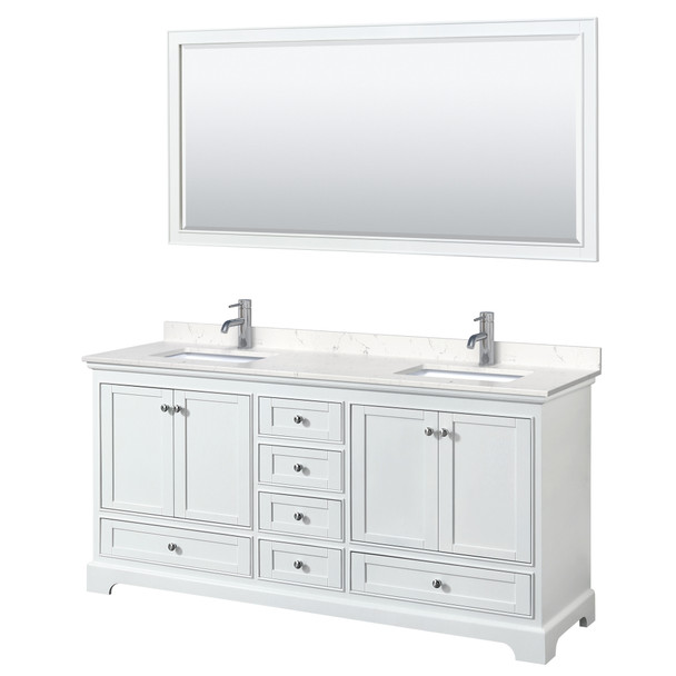 Deborah 72 Inch Double Bathroom Vanity In White, Carrara Cultured Marble Countertop, Undermount Square Sinks, 70 Inch Mirror