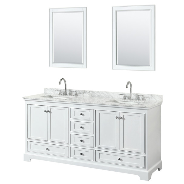Deborah 72 Inch Double Bathroom Vanity In White, White Carrara Marble Countertop, Undermount Square Sinks, And 24 Inch Mirrors