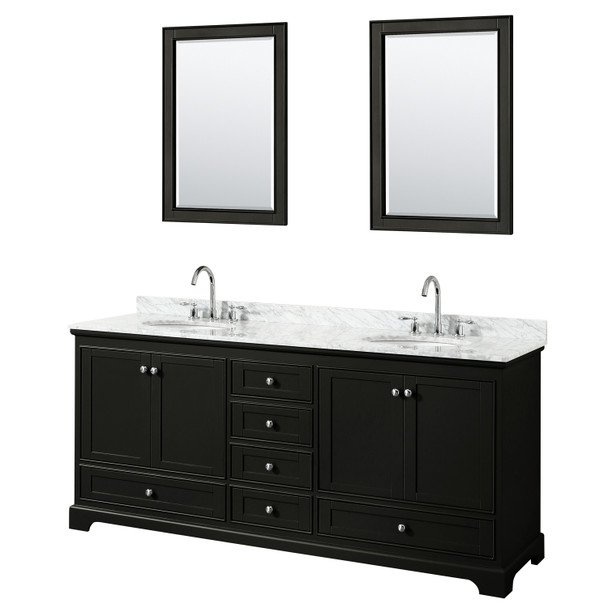 Deborah 80 Inch Double Bathroom Vanity In Dark Espresso, White Carrara Marble Countertop, Undermount Oval Sinks, And 24 Inch Mirrors
