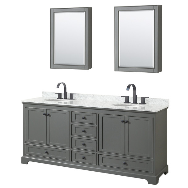 Deborah 80 Inch Double Bathroom Vanity In Dark Gray, White Carrara Marble Countertop, Undermount Oval Sinks, Matte Black Trim, Medicine Cabinets