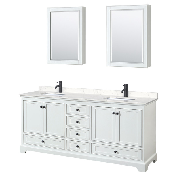 Deborah 80 Inch Double Bathroom Vanity In White, Carrara Cultured Marble Countertop, Undermount Square Sinks, Matte Black Trim, Medicine Cabinets