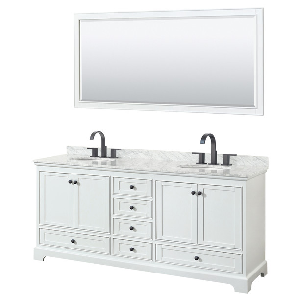 Deborah 80 Inch Double Bathroom Vanity In White, White Carrara Marble Countertop, Undermount Oval Sinks, Matte Black Trim, 70 Inch Mirror