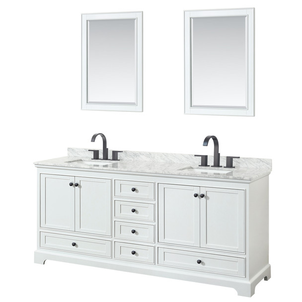 Deborah 80 Inch Double Bathroom Vanity In White, White Carrara Marble Countertop, Undermount Square Sinks, Matte Black Trim, 24 Inch Mirrors