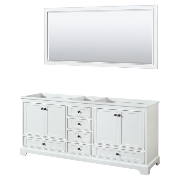 Deborah 80 Inch Double Bathroom Vanity In White, No Countertop, No Sinks, Matte Black Trim, 70 Inch Mirror