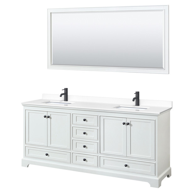 Deborah 80 Inch Double Bathroom Vanity In White, White Cultured Marble Countertop, Undermount Square Sinks, Matte Black Trim, 70 Inch Mirror