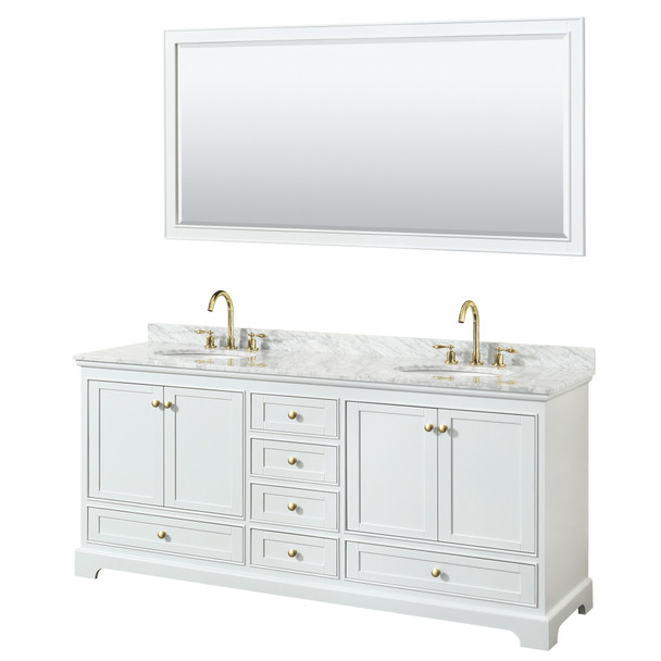 Deborah 80 Inch Double Bathroom Vanity In White, White Carrara Marble Countertop, Undermount Oval Sinks, Brushed Gold Trim, 70 Inch Mirror