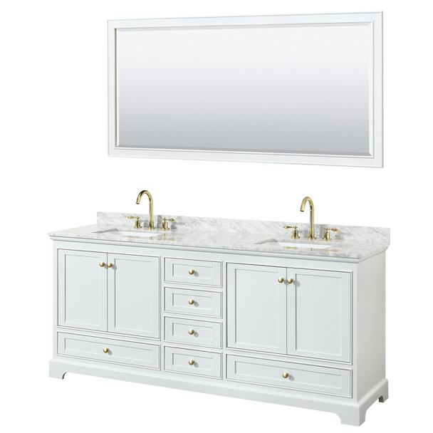 Deborah 80 Inch Double Bathroom Vanity In White, White Carrara Marble Countertop, Undermount Square Sinks, Brushed Gold Trim, 70 Inch Mirror