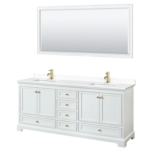 Deborah 80 Inch Double Bathroom Vanity In White, White Cultured Marble Countertop, Undermount Square Sinks, Brushed Gold Trim, 70 Inch Mirror