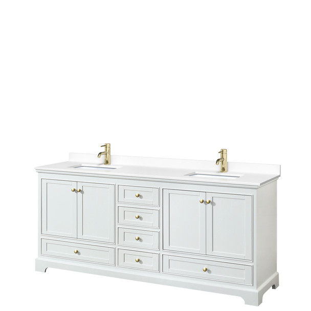 Deborah 80 Inch Double Bathroom Vanity In White, White Cultured Marble Countertop, Undermount Square Sinks, Brushed Gold Trim, No Mirrors