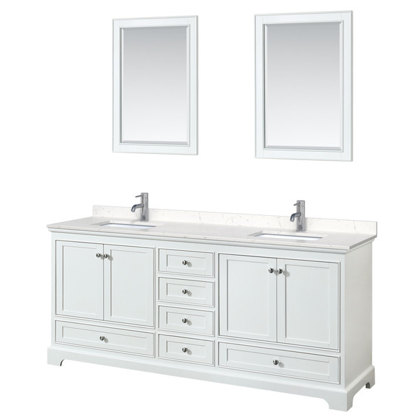 Deborah 80 Inch Double Bathroom Vanity In White, Carrara Cultured Marble Countertop, Undermount Square Sinks, 24 Inch Mirrors