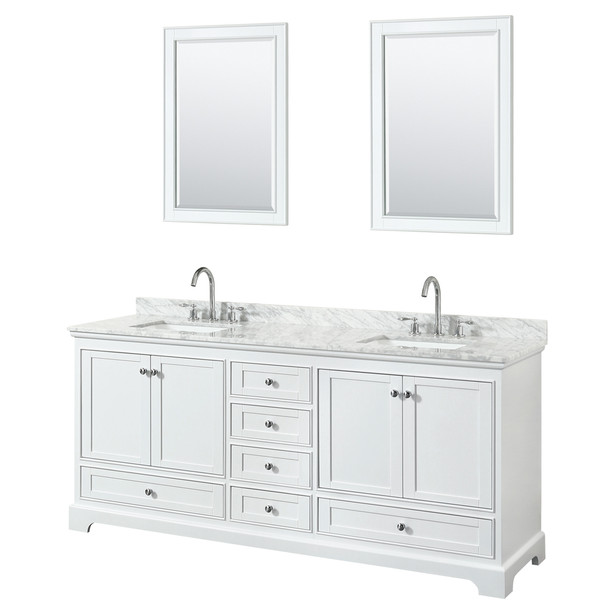 Deborah 80 Inch Double Bathroom Vanity In White, White Carrara Marble Countertop, Undermount Square Sinks, And 24 Inch Mirrors