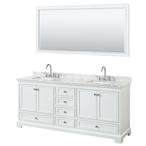 Deborah 80 Inch Double Bathroom Vanity In White, White Carrara Marble Countertop, Undermount Square Sinks, And 70 Inch Mirror