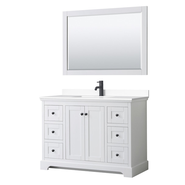 Avery 48 Inch Single Bathroom Vanity In White, White Cultured Marble Countertop, Undermount Square Sink, Matte Black Trim, 46 Inch Mirror