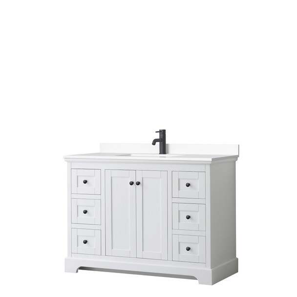 Avery 48 Inch Single Bathroom Vanity In White, White Cultured Marble Countertop, Undermount Square Sink, Matte Black Trim