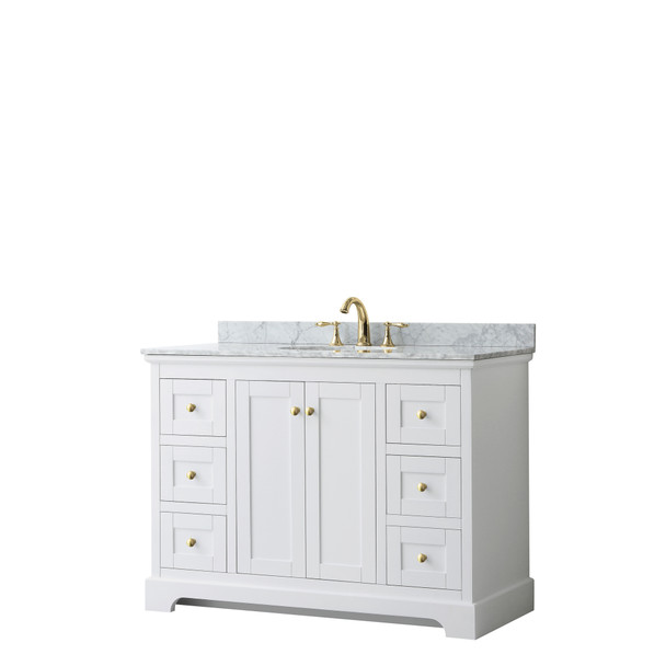 Avery 48 Inch Single Bathroom Vanity In White, White Carrara Marble Countertop, Undermount Oval Sink, Brushed Gold Trim