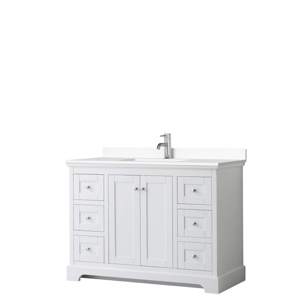 Avery 48 Inch Single Bathroom Vanity In White, White Cultured Marble Countertop, Undermount Square Sink, No Mirror