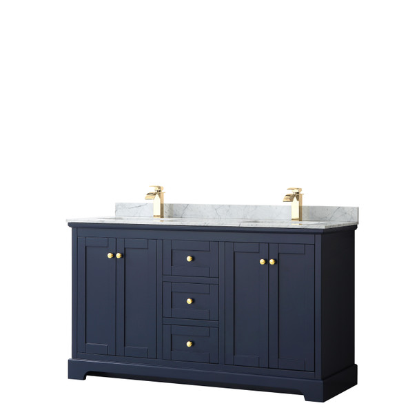 Avery 60 Inch Double Bathroom Vanity In Dark Blue, White Carrara Marble Countertop, Undermount Square Sinks, And No Mirror