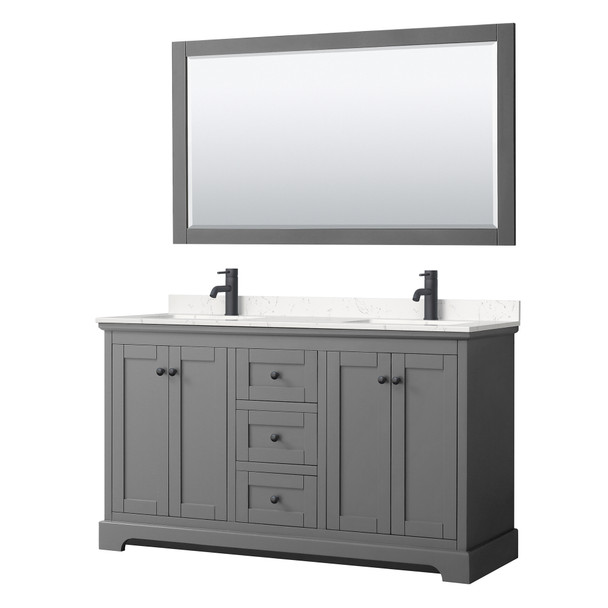 Avery 60 Inch Double Bathroom Vanity In Dark Gray, Carrara Cultured Marble Countertop, Undermount Square Sinks, Matte Black Trim, 58 Inch Mirror