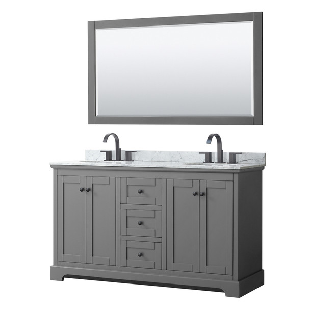 Avery 60 Inch Double Bathroom Vanity In Dark Gray, White Carrara Marble Countertop, Undermount Oval Sinks, Matte Black Trim, 58 Inch Mirror