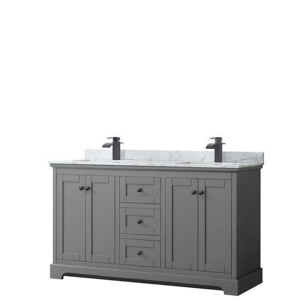 Avery 60 Inch Double Bathroom Vanity In Dark Gray, White Carrara Marble Countertop, Undermount Square Sinks, Matte Black Trim