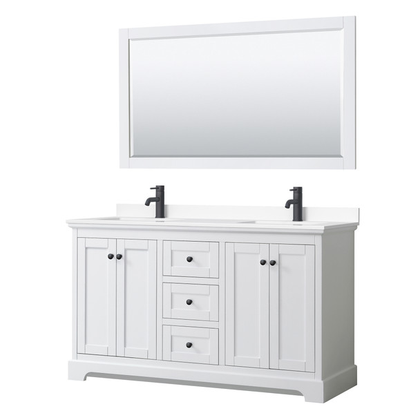 Avery 60 Inch Double Bathroom Vanity In White, White Cultured Marble Countertop, Undermount Square Sinks, Matte Black Trim, 58 Inch Mirror