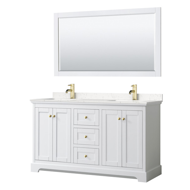 Avery 60 Inch Double Bathroom Vanity In White, Carrara Cultured Marble Countertop, Undermount Square Sinks, 58 Inch Mirror, Brushed Gold Trim
