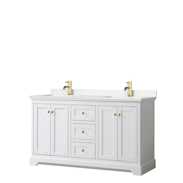 Avery 60 Inch Double Bathroom Vanity In White, Carrara Cultured Marble Countertop, Undermount Square Sinks, Brushed Gold Trim