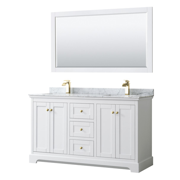 Avery 60 Inch Double Bathroom Vanity In White, White Carrara Marble Countertop, Undermount Square Sinks, 58 Inch Mirror, Brushed Gold Trim