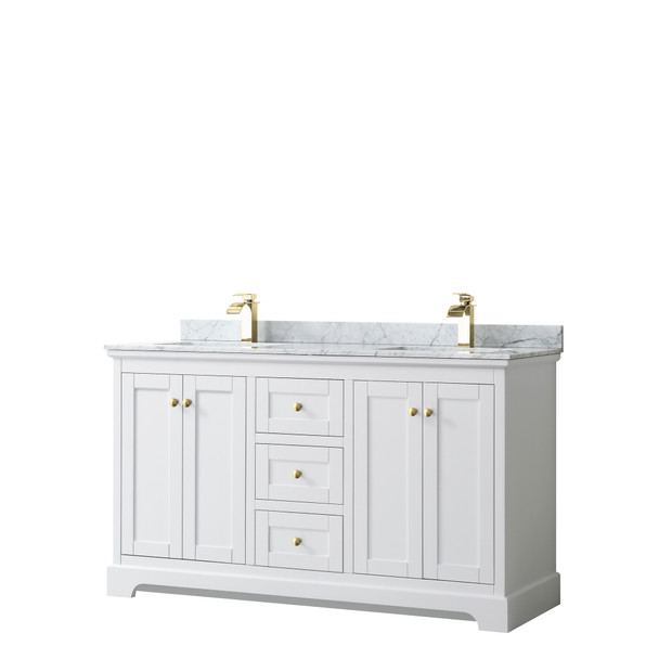 Avery 60 Inch Double Bathroom Vanity In White, White Carrara Marble Countertop, Undermount Square Sinks, Brushed Gold Trim
