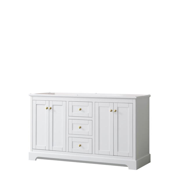 Avery 60 Inch Double Bathroom Vanity In White, No Countertop, No Sinks, Brushed Gold Trim