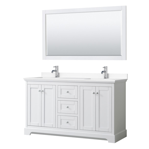 Avery 60 Inch Double Bathroom Vanity In White, White Cultured Marble Countertop, Undermount Square Sinks, 58 Inch Mirror